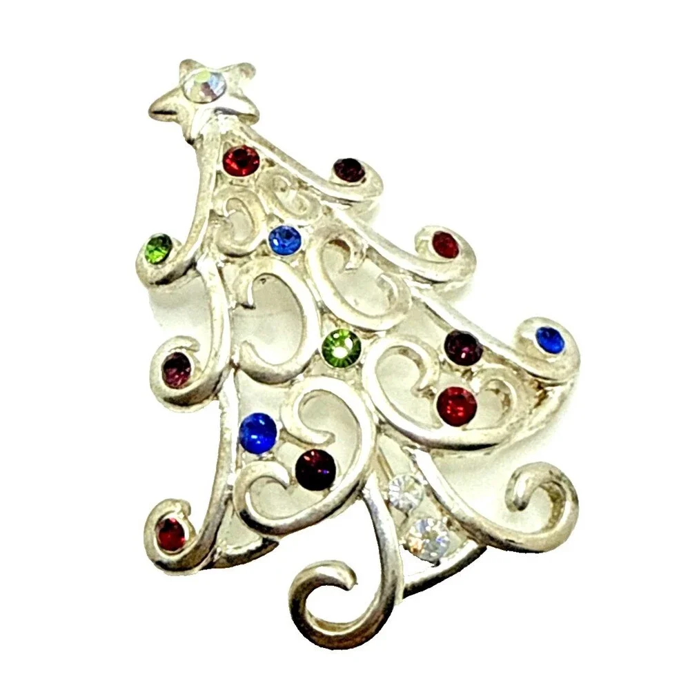 Vintage Kenneth Cole Rhinestone Christmas Tree Brooch Silver Tone KC Holiday Pin